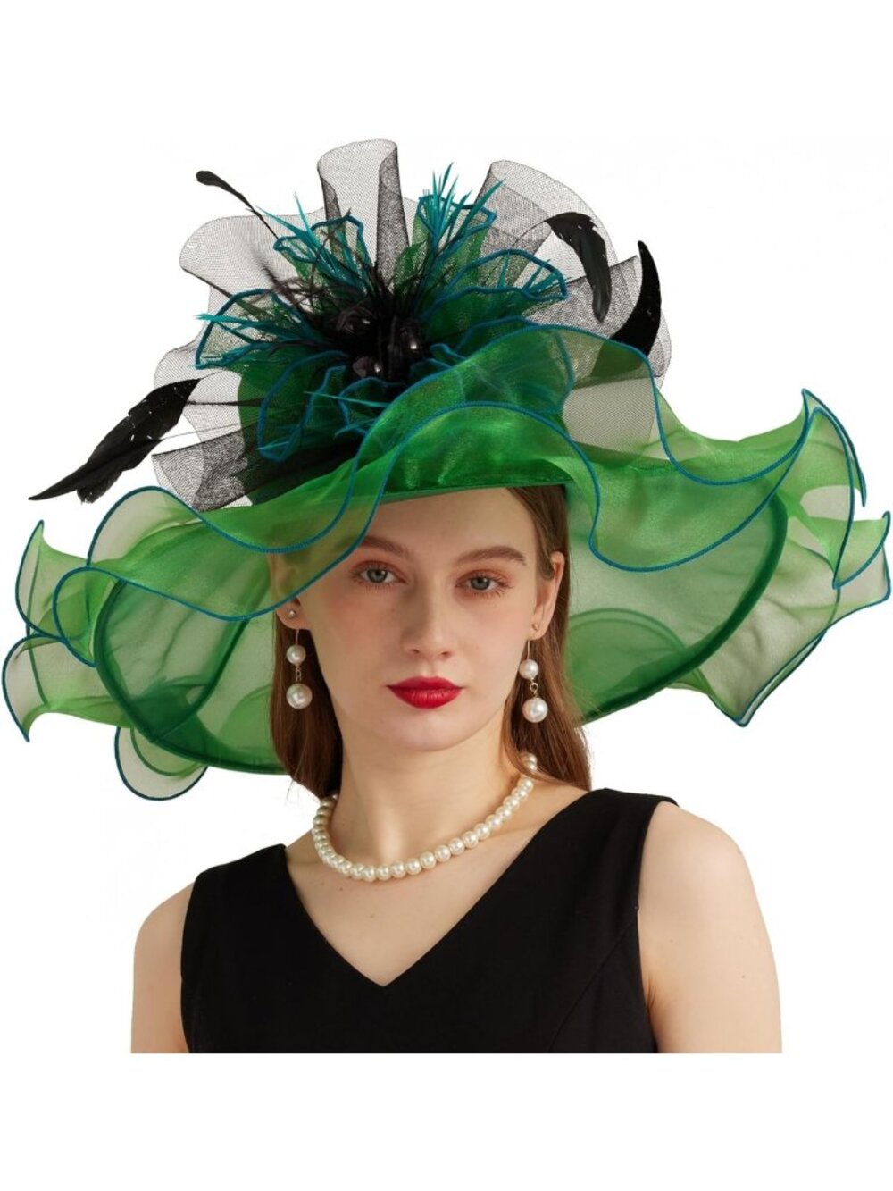 Elegant Wide Brim Organza Church Hat with Detachable Flower for Weddings & Tea